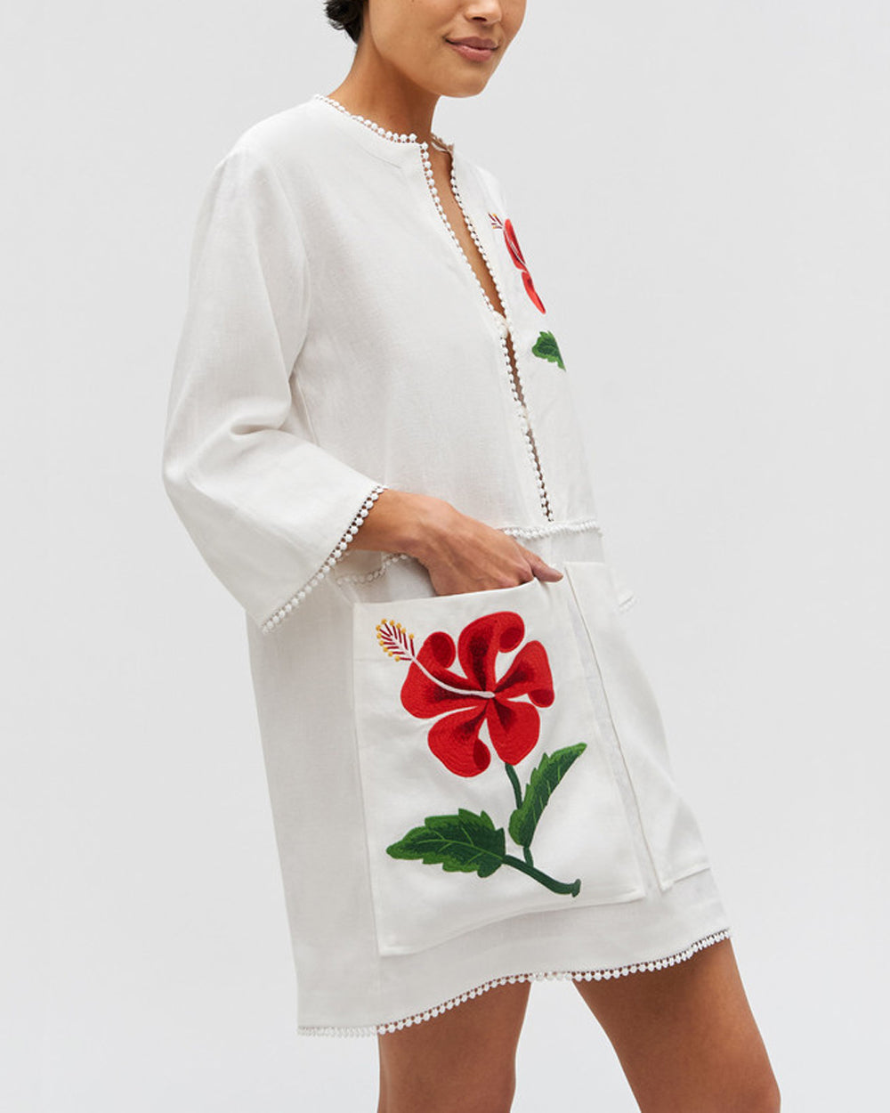 Antique White Embroidered Hibiscus Tunic Dress