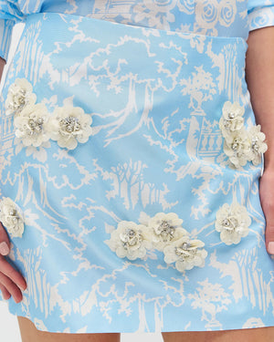 Sky Blue Toile Embellished Garden Mini Skirt