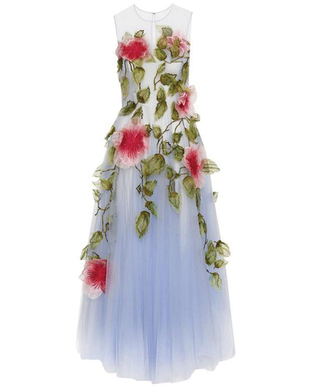 Blue and Pink Hibiscus Embellished Organza Gown