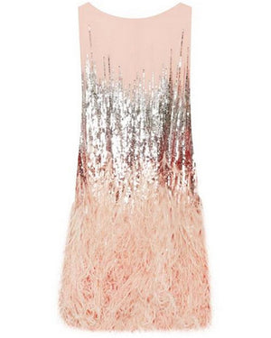 Blush Sequin and Feather Embellished Cocktail Dress