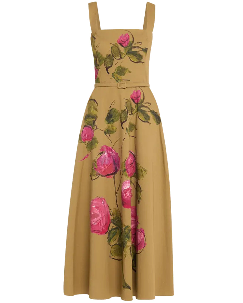 Khaki Painted Rose Midi Dress