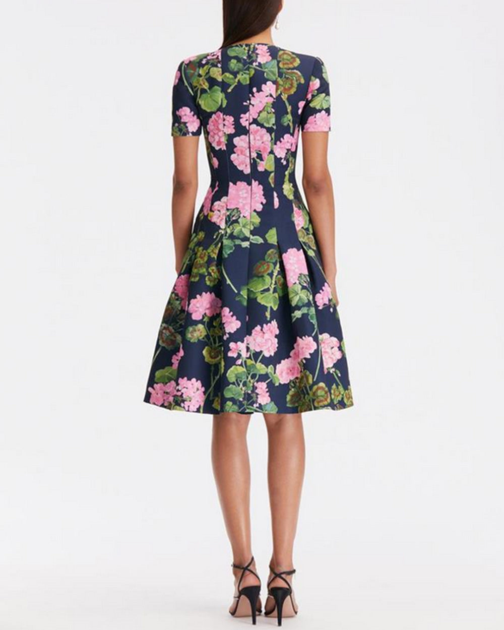 Pink and Navy Geranium Faille Flare Dress