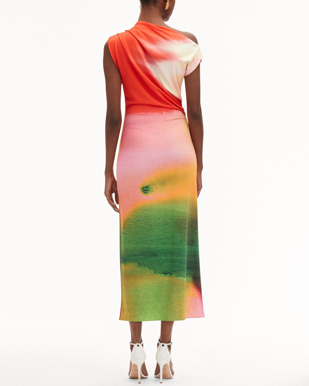 Vermillion Abstract Watercolor Draped Jersey Dress