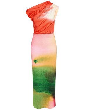 Vermillion Abstract Watercolor Draped Jersey Dress