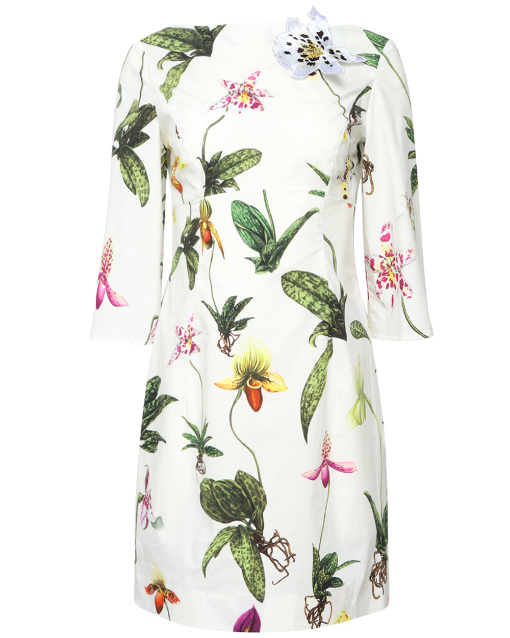 White Orchid Print Bateau Neck Mini Dress