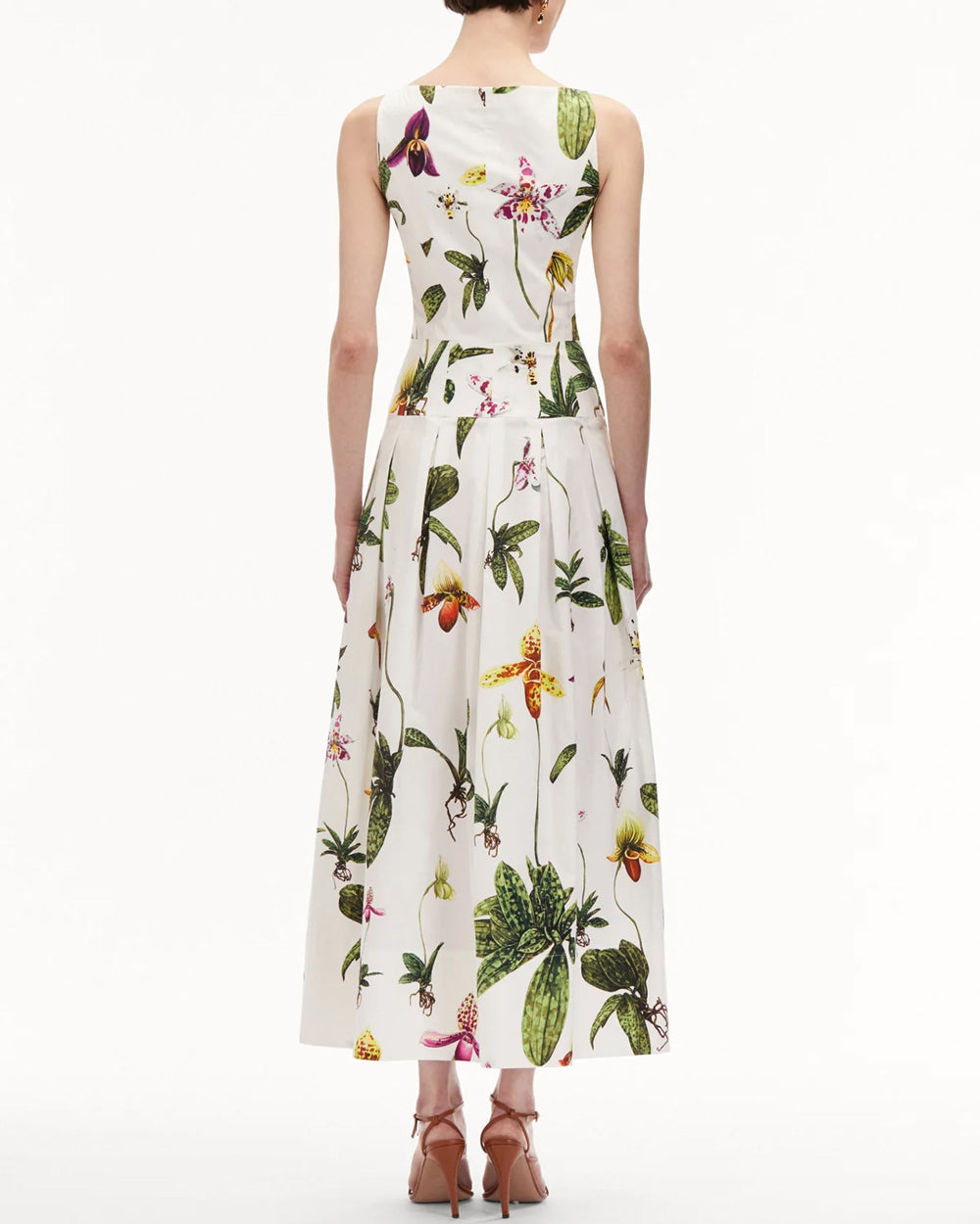 White Orchid Print Zip Front Midi Dress