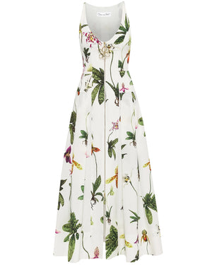 White Orchid Print Zip Front Midi Dress