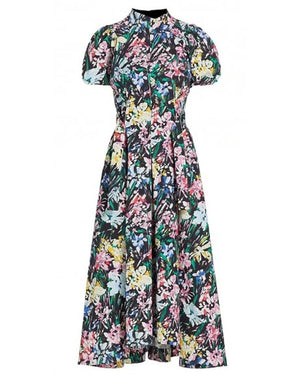 Black Multi Flowerworks Tulip Puff Sleeve Dress