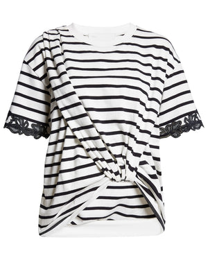 White Multi Stripe Draped Tee with Lace Embroidery