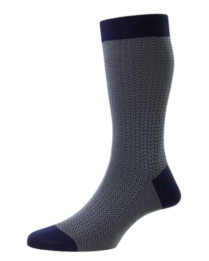 Fabian Ocean and Navy Herringbone Midcalf Sock