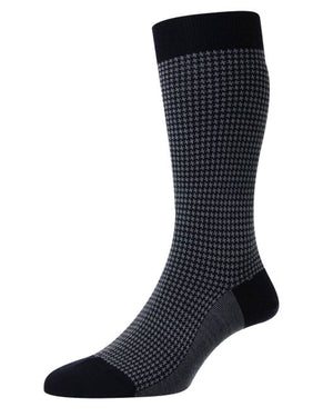 Navy Highbury Houndstooth Wool Midcalf Sock