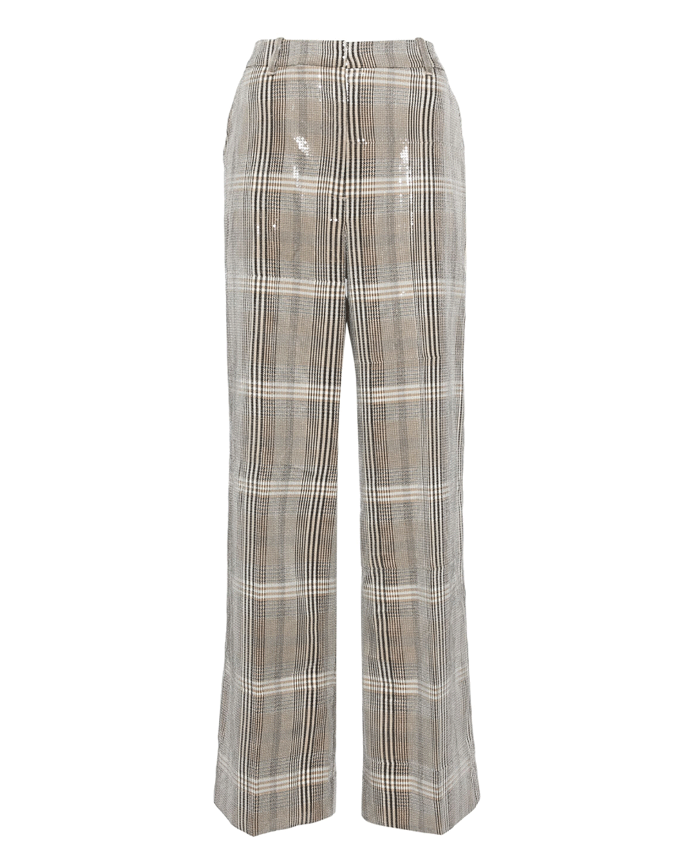 Brown Multi Sequin Plaid Flat Front Wide Leg Pant