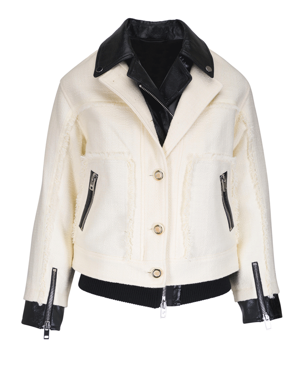 Ivory Black Tweed Moto Jacket with Leather Combo