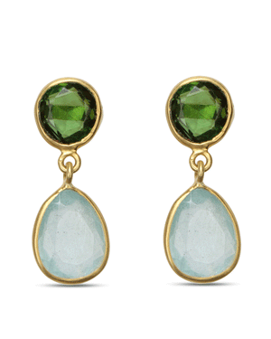 Small Aquamarine and Green Tourmaline Double Drop Earrings