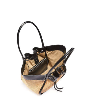 Raffia Ruched Tote in Black and Sand