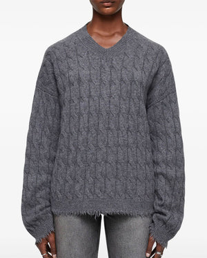 Grey Heather Cashmere Cable V Neck Pullover