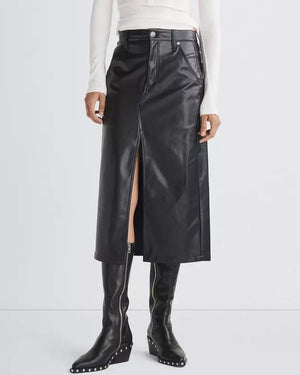 Black Vegan Leather Sid Midi Skirt