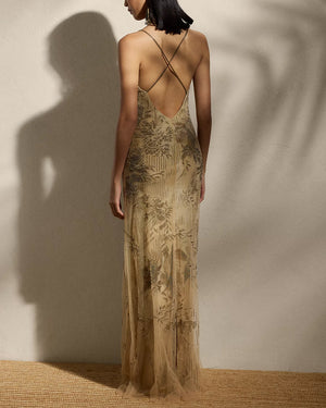 Lux Tan Embellished Kacey Sleeveless Gown