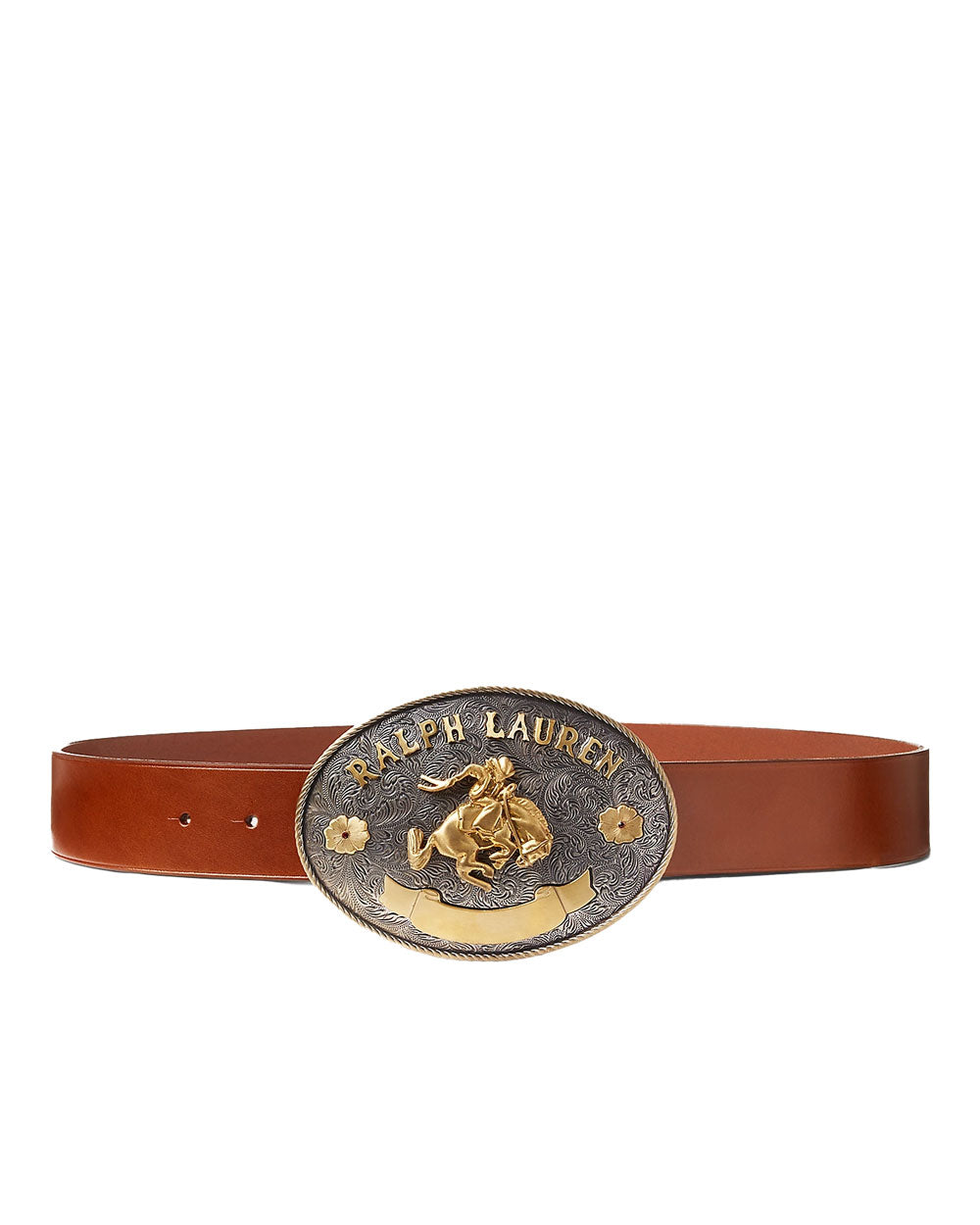 Rodeo-Buckle Leather Wide Belt in Brown and Gold