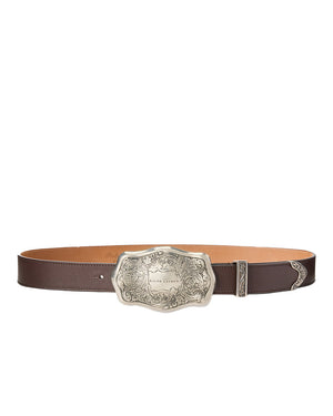 Tooled-Buckle Calfskin Belt in Mocha