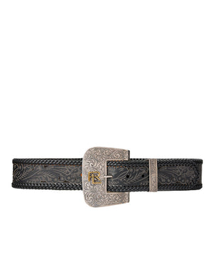 Tooled-Buckle Suede and Calfskin Belt in Black