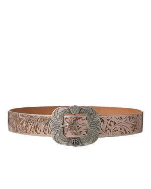 Tooled-Buckle Calfskin Leather Belt in Bronze