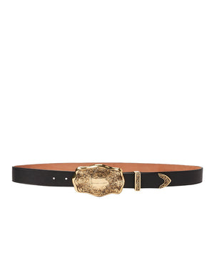 Tooled-Buckle Pebbled Calfskin Belt in Black