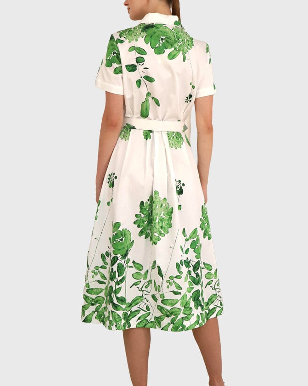 White Leaves Belted Ortensia Shirtdress