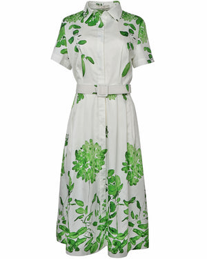 White Leaves Belted Ortensia Shirtdress