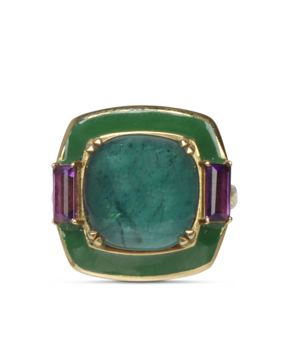 Green Tourmaline and Amethyst Enamel Ring