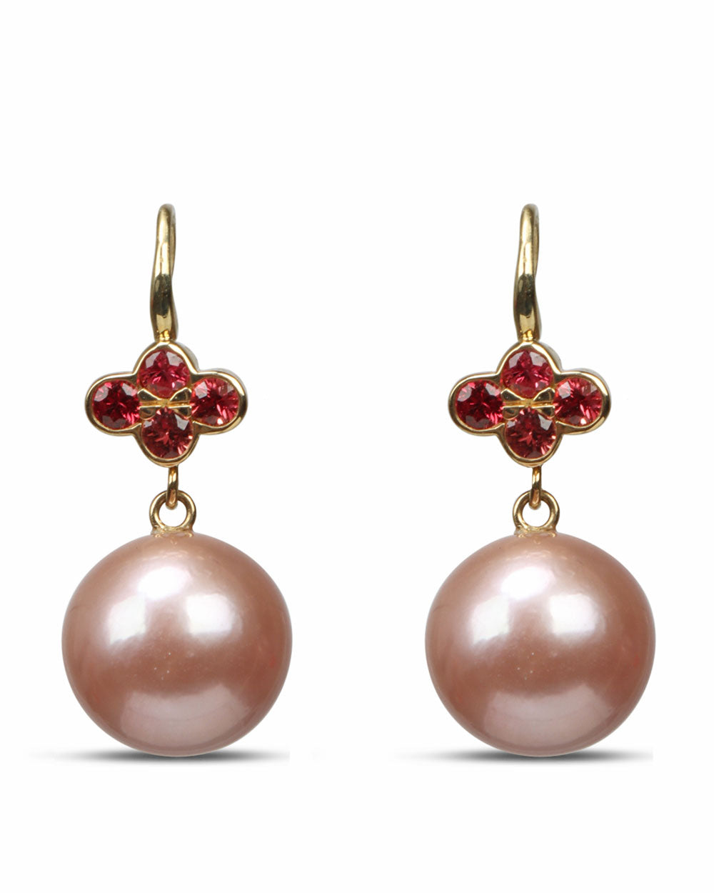 Small Red Sapphire and Pink Pearl Clover Earrings