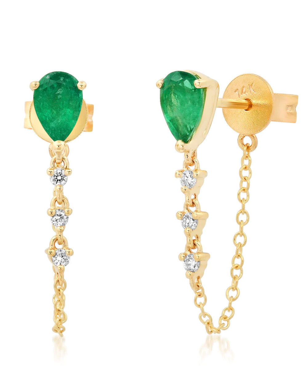 Emerald Teardrop and Diamond Link Chain Stud