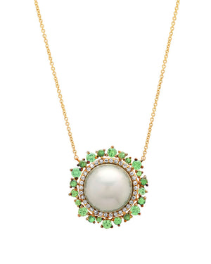 Green Garnet and Diamond Tahitian Pearl Slice Necklace