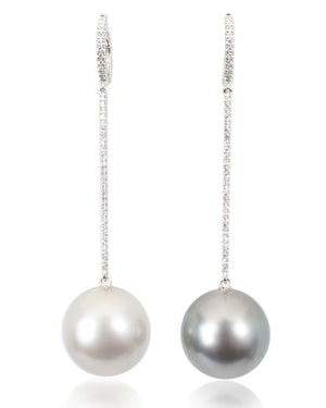Mismatched South Sea Pearl and Diamond Line Drop Earrings