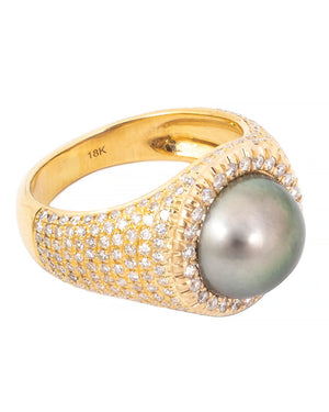 Tahitian Pearl and Pave Diamond Signet Ring