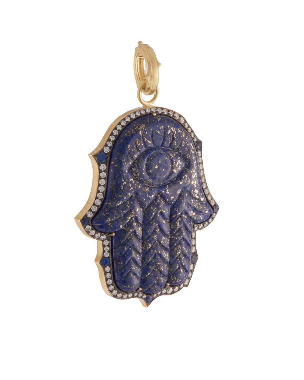 Diamond and Sapphire Hand Carved Hamsa Lapis Pendant