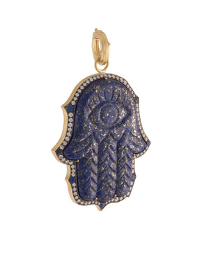 Diamond and Sapphire Hand Carved Hamsa Lapis Pendant