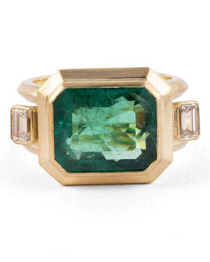 Zambian Emerald and Emerald Cut Diamond Ring