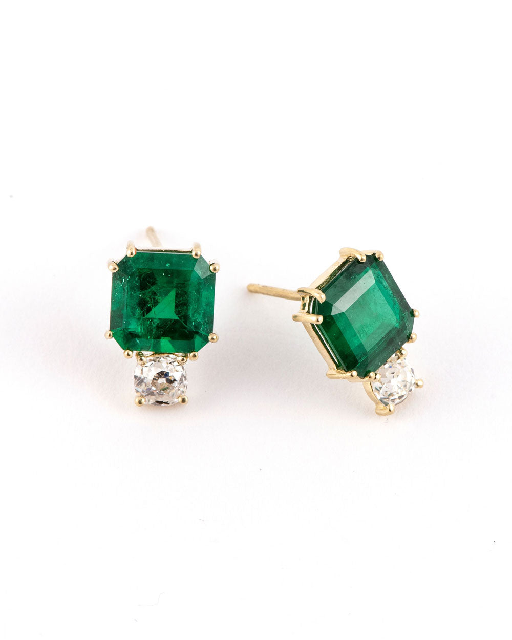 Zambian Cushion Emerald and Diamond Post Earrings