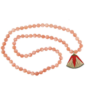 Moostone Bead Necklace with Red Leaf Pendant