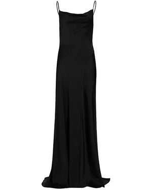 Black Satin Crepe Finley Long Cocktail Dress