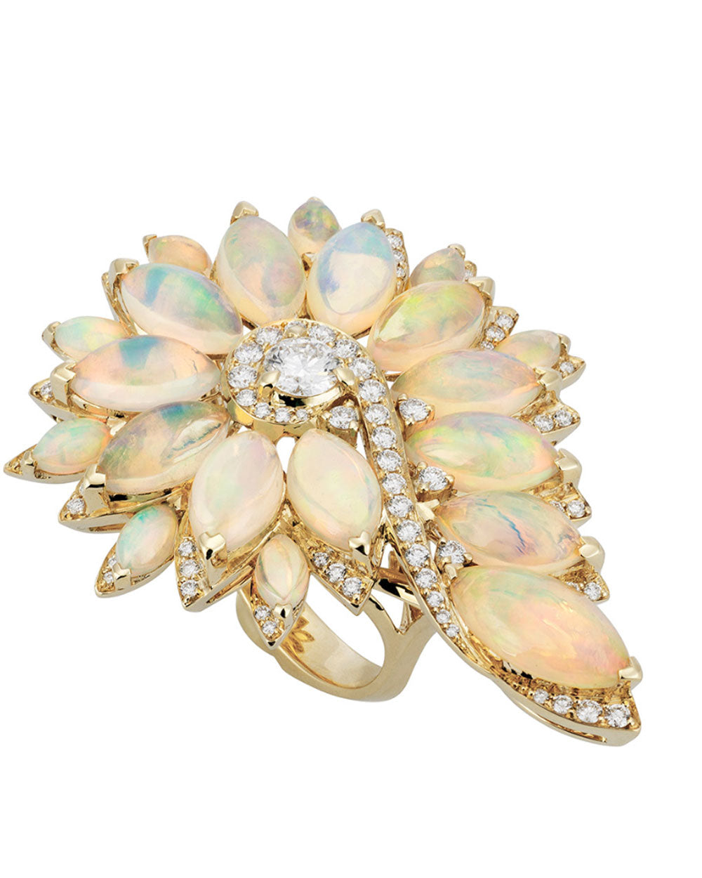 White Opal and Diamond Magnipheasant Feathers Cocktail Ring