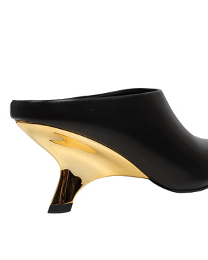 Shadow Leather Mule with Gold Angle Heel in Black