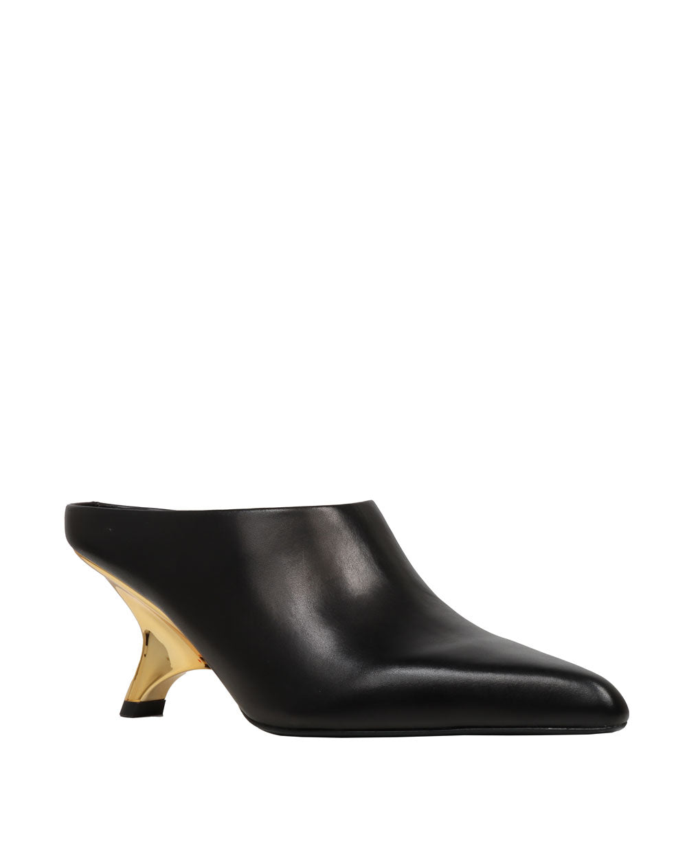 Shadow Leather Mule with Gold Angle Heel in Black