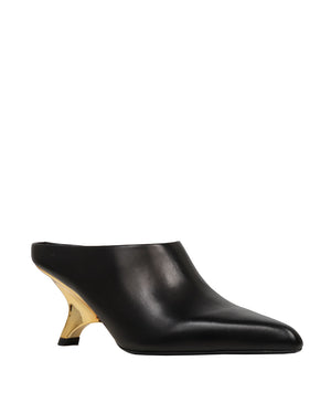 Shadow Leather Mule with Gold Angle Heel in Black