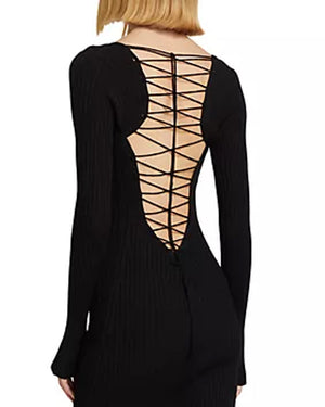 Black Lace Up Knit Midi Dress