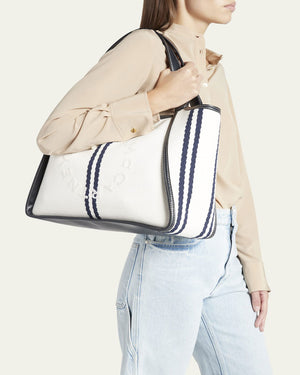 Logo Striped Eco Canvas Tote Bag in Ink and White