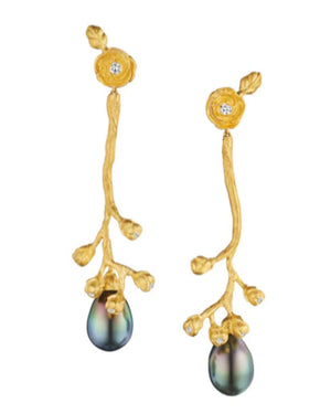 Hanging Ranunculus Tahitian Pearl Bud Earrings