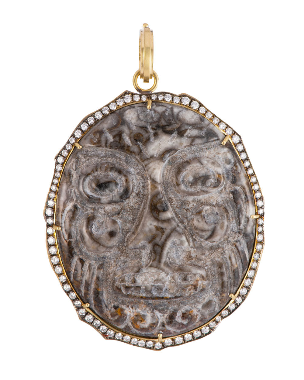 Fossil Tribal Mask Craved Stone Pendant