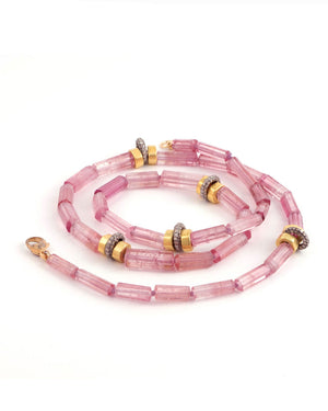 Pink Tourmaline Beaded Necklace with Diamond Rondelles